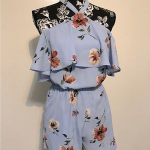 Floral Light Blue Chiffon Halter Tie Ruffle off the shoulder Romper